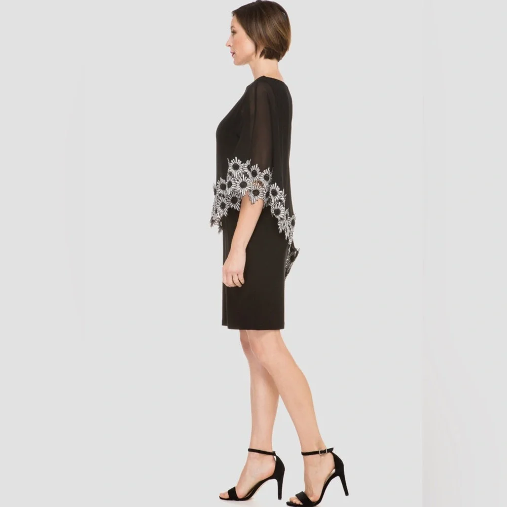 Joseph Ribkoff. Sheath Dress with Biased Cut Sheer Floral Trim Overlay. Size 6. - Picture 3 of 14